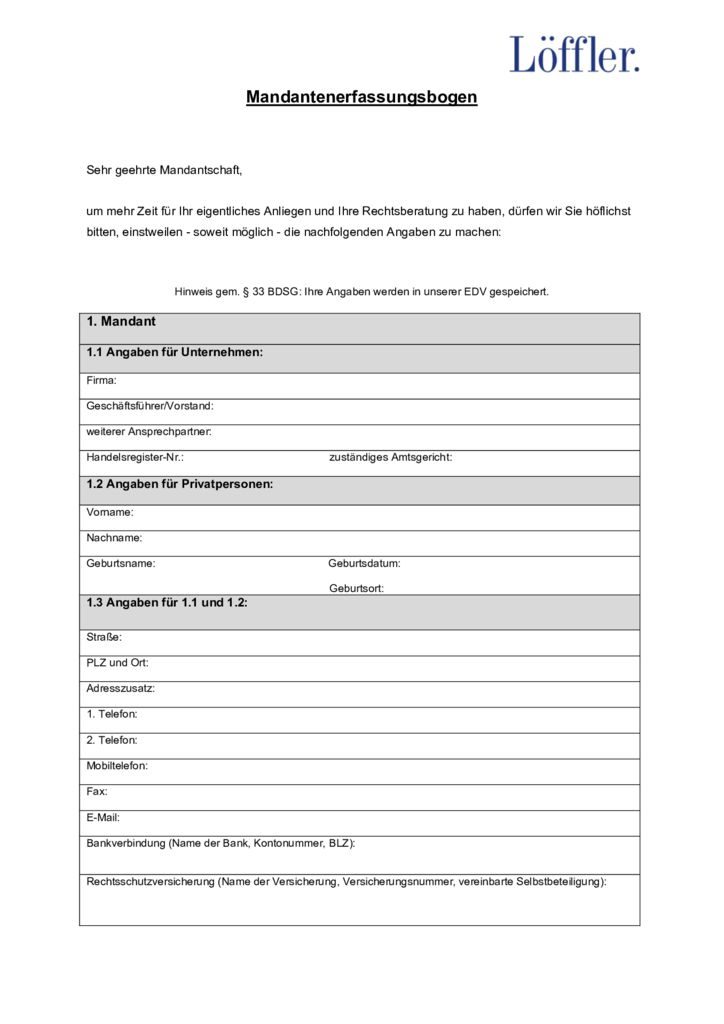 Mandatsbedingungen und andere Dokumente Mandantenerfassungsbogen